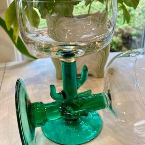 Green “Cactus” HAND BLOWN Margarita Glasses - PAIR. Flawless OOAK